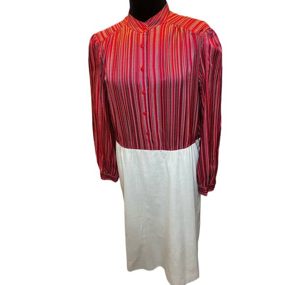 Vintage 70s Schrader Sport ILGWU Red Beige Secretary Boho Striped Dress Large XL - Picture 1 of 10
